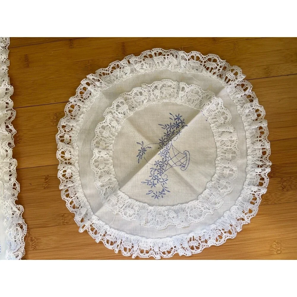 Vintage Embroidered Linen Set Runner Pillowcases Doily White Floral Basket